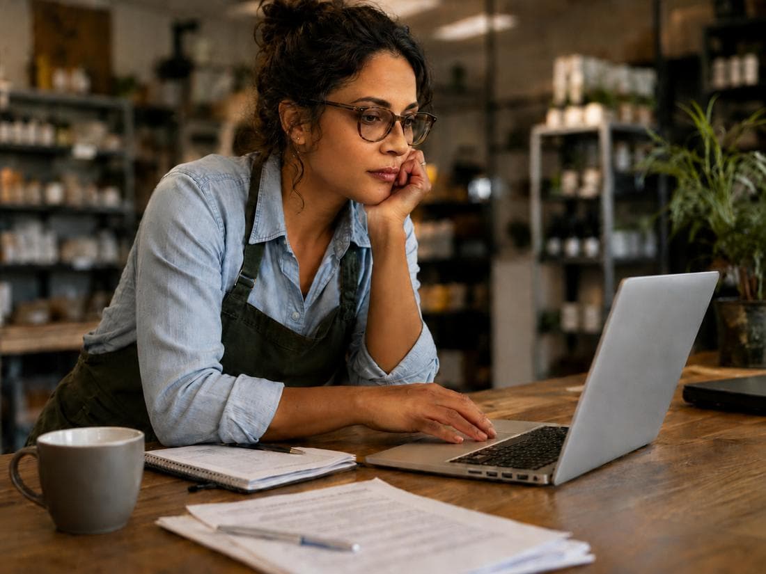 A small business owner reviewing the business on a laptop in the shop.