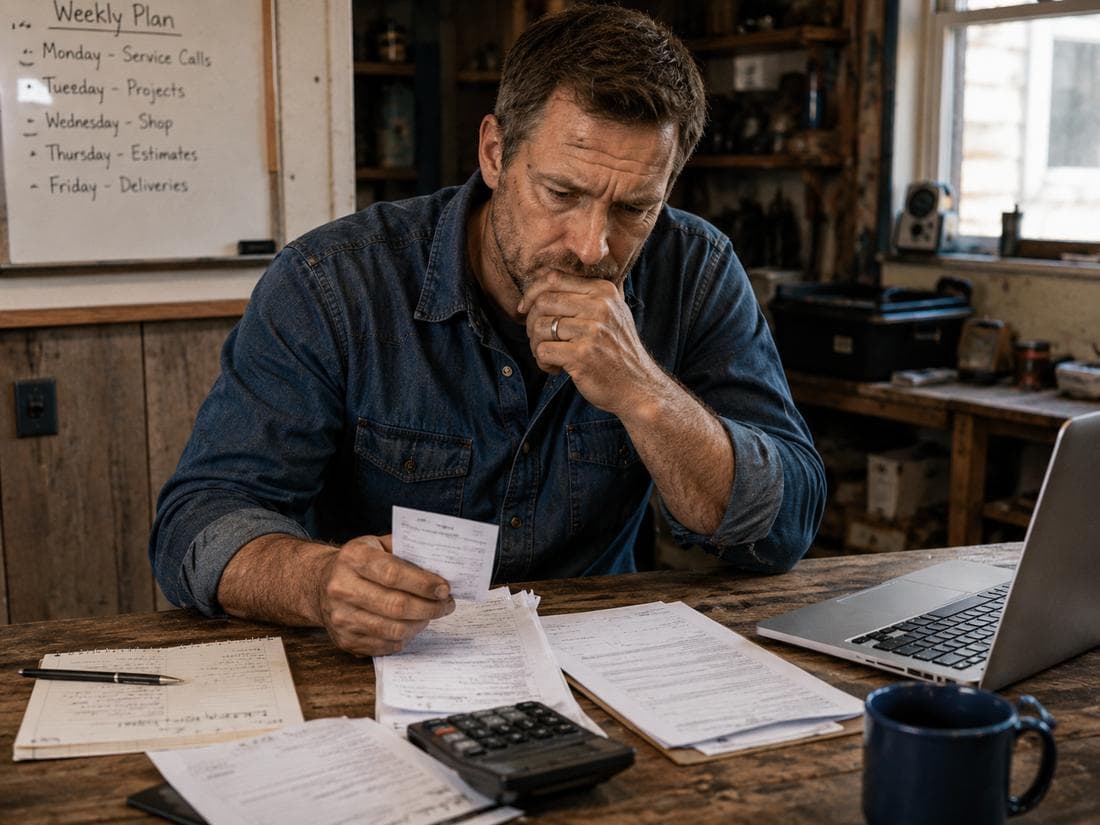 A service business owner reviewing receipts and notes at a worn wooden workbench.