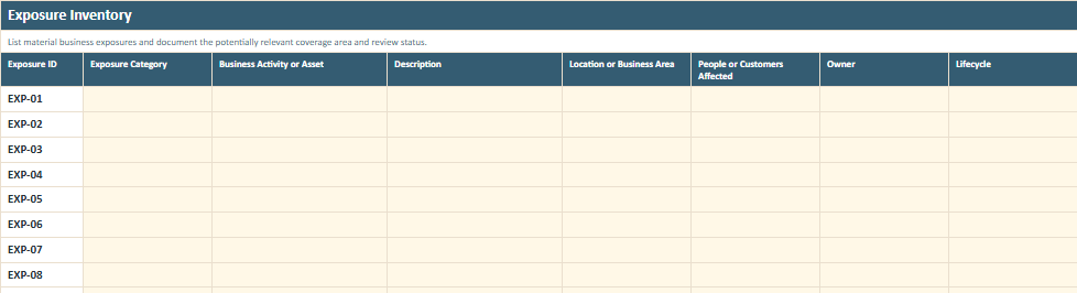 Exposure Inventory worksheet preview from the Owner Advisor Business Insurance Exposure Worksheet