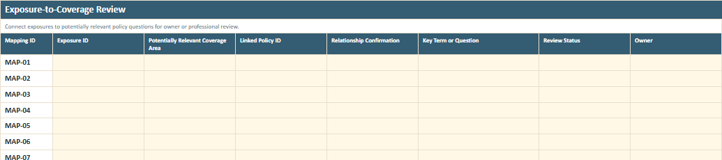 Exposure-to-Coverage Review worksheet preview from the Owner Advisor Business Insurance Exposure Worksheet