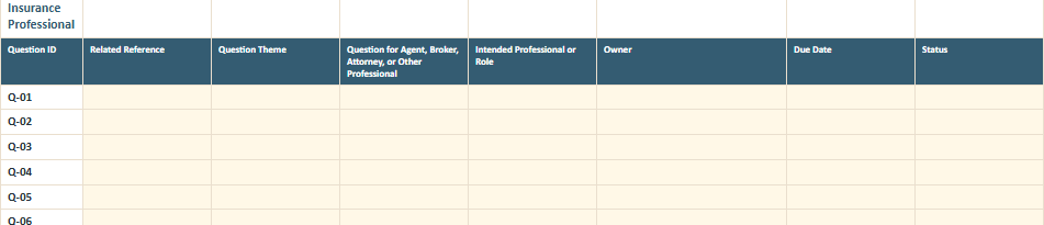 Incidents, Questions, and Action Plan worksheet preview from the Owner Advisor Business Insurance Exposure Worksheet