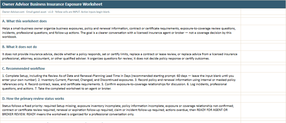 Instructions worksheet preview from the Owner Advisor Business Insurance Exposure Worksheet
