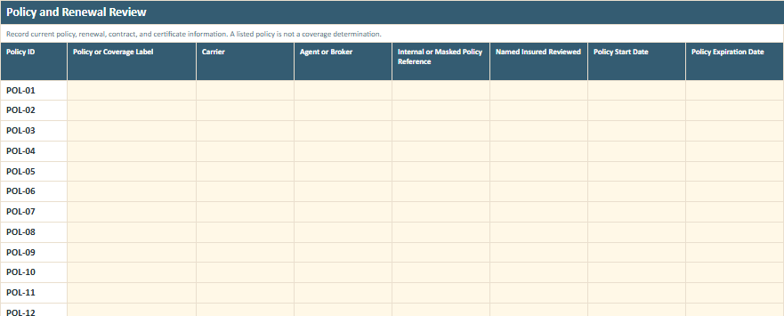 Policy and Renewal Review worksheet preview from the Owner Advisor Business Insurance Exposure Worksheet