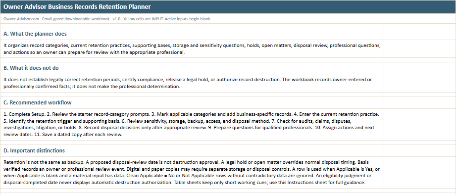 Instructions worksheet preview from the Owner Advisor Business Records Retention Planner