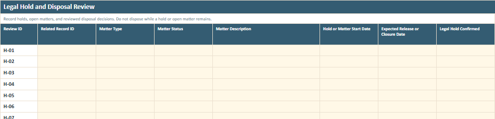Legal Hold and Disposal Review worksheet preview from the Owner Advisor Business Records Retention Planner