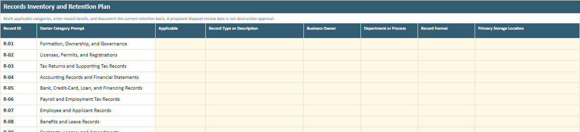 Records Inventory and Retention Plan worksheet preview from the Owner Advisor Business Records Retention Planner
