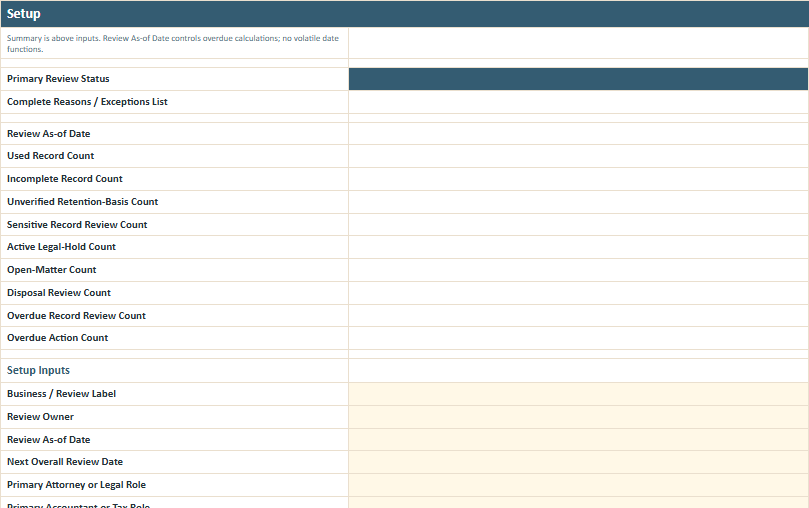 Setup worksheet preview from the Owner Advisor Business Records Retention Planner