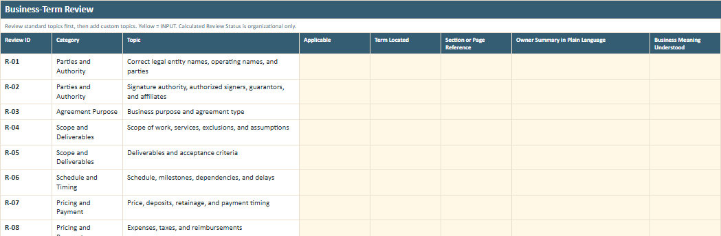 Business-Term Review worksheet preview from the Owner Advisor Contract Review Workbook