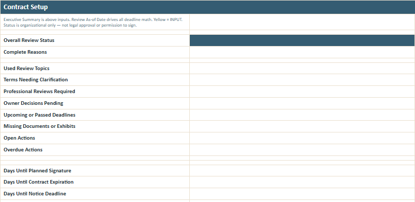Contract Setup worksheet preview from the Owner Advisor Contract Review Workbook