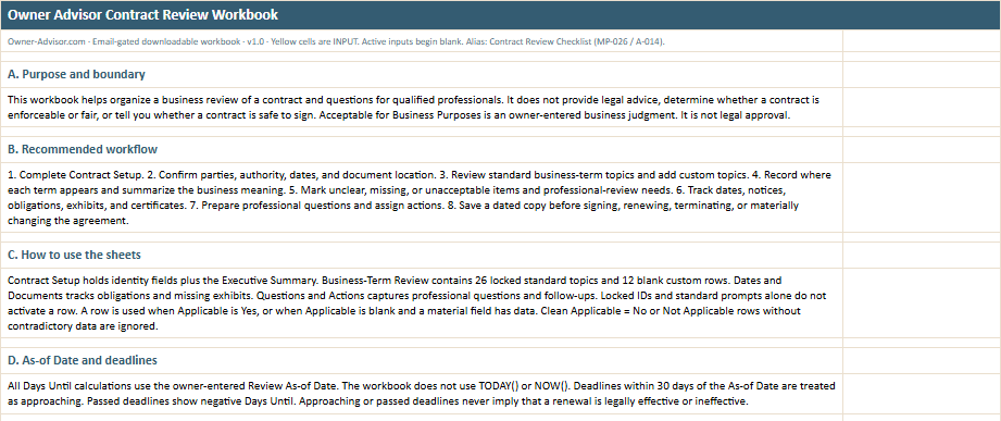 Instructions worksheet preview from the Owner Advisor Contract Review Workbook