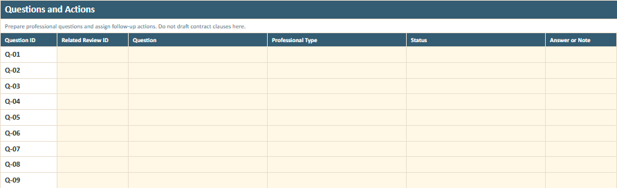 Questions and Actions worksheet preview from the Owner Advisor Contract Review Workbook