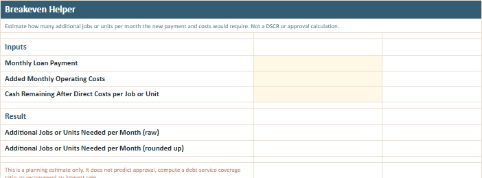 Breakeven Helper worksheet preview from the Owner Advisor Debt Readiness Checklist
