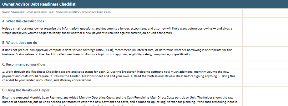 Instructions worksheet preview from the Owner Advisor Debt Readiness Checklist