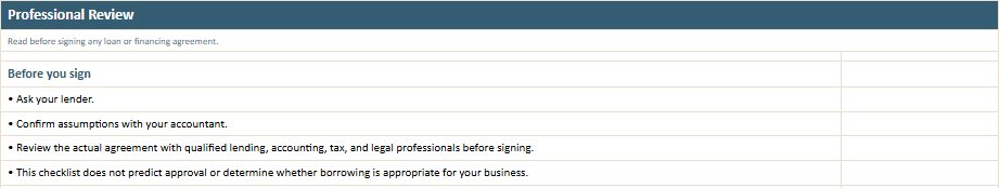 Professional Review worksheet preview from the Owner Advisor Debt Readiness Checklist