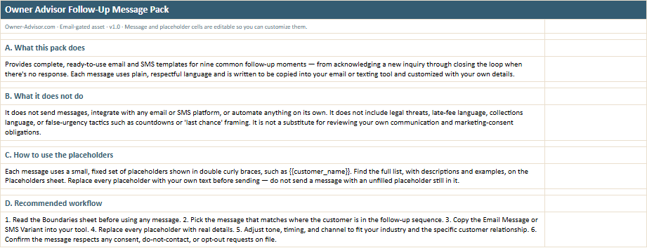 Instructions worksheet preview from the Owner Advisor Follow-Up Message Pack