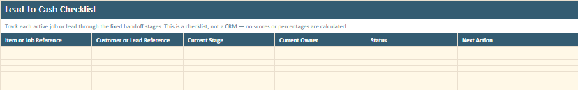 Lead-to-Cash Checklist worksheet preview from the Owner Advisor Lead-to-Cash Handoff Checklist