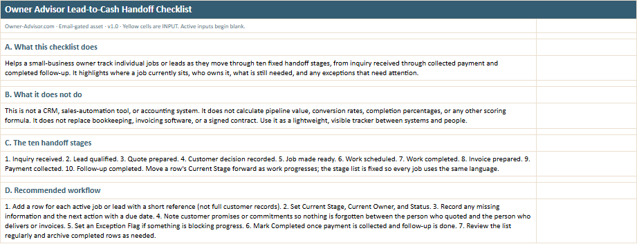 Instructions worksheet preview from the Owner Advisor Lead-to-Cash Handoff Checklist