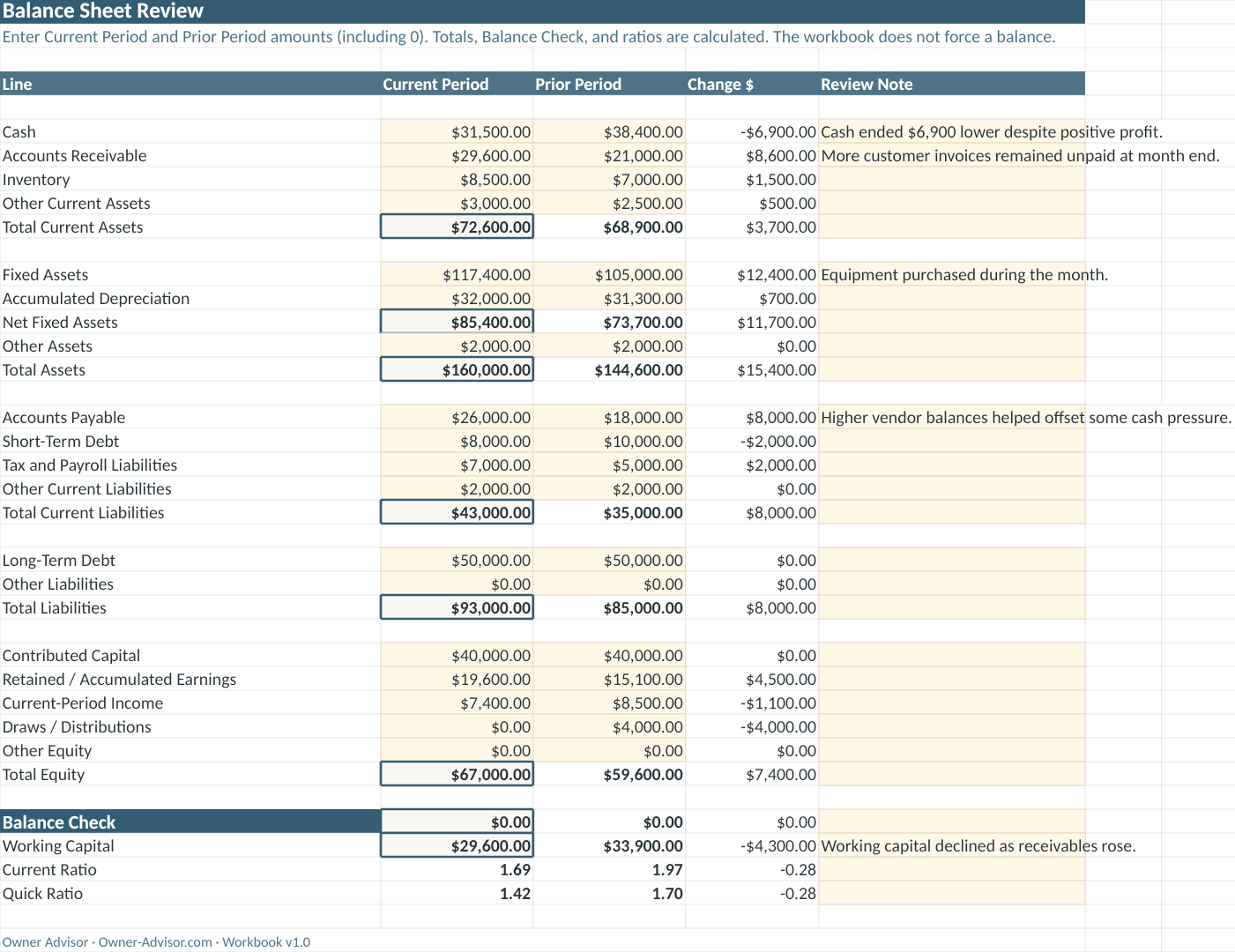Balance Sheet Review worksheet preview from the Owner Advisor Monthly Financial Review Workbook showing fictional demonstration data