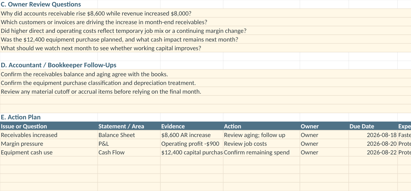 Monthly Review and Action Plan worksheet preview from the Owner Advisor Monthly Financial Review Workbook showing fictional demonstration data