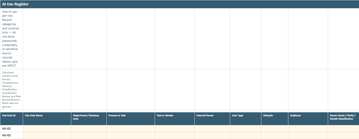 AI Use Register worksheet preview from the Owner Advisor Responsible AI Use Register