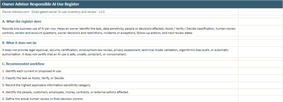 Instructions worksheet preview from the Owner Advisor Responsible AI Use Register