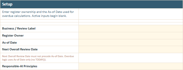 Setup worksheet preview from the Owner Advisor Responsible AI Use Register