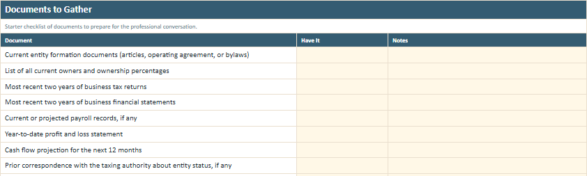 Documents to Gather worksheet preview from the Owner Advisor S Corporation Decision Worksheet