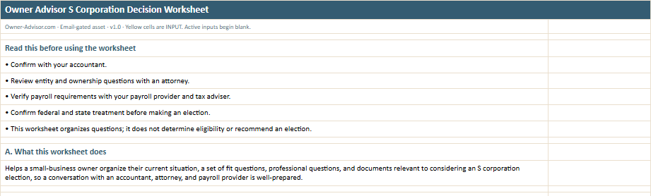 Read First worksheet preview from the Owner Advisor S Corporation Decision Worksheet