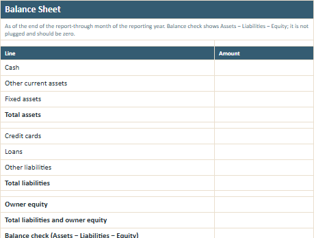 Balance Sheet worksheet preview from the Owner Advisor Simple Business Books Workbook