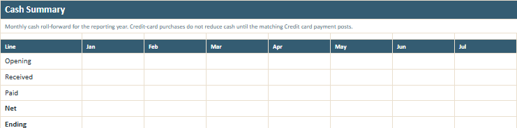 Cash Summary worksheet preview from the Owner Advisor Simple Business Books Workbook