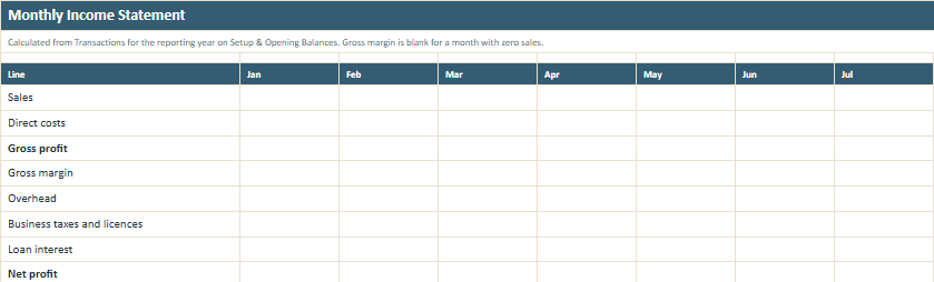 Monthly Income Statement worksheet preview from the Owner Advisor Simple Business Books Workbook