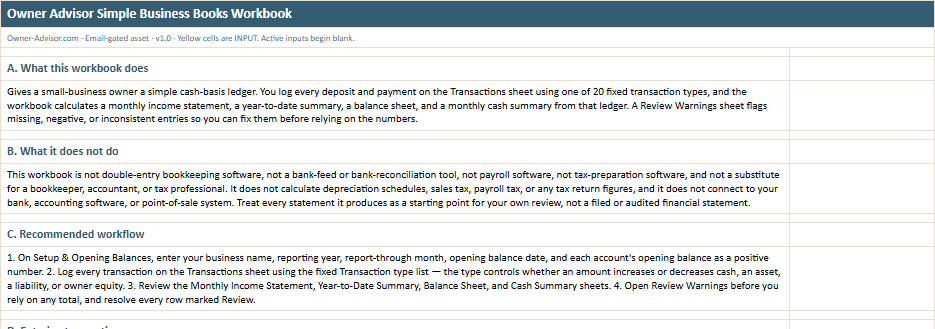 Read Me worksheet preview from the Owner Advisor Simple Business Books Workbook