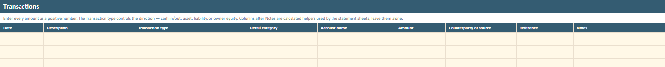 Transactions worksheet preview from the Owner Advisor Simple Business Books Workbook