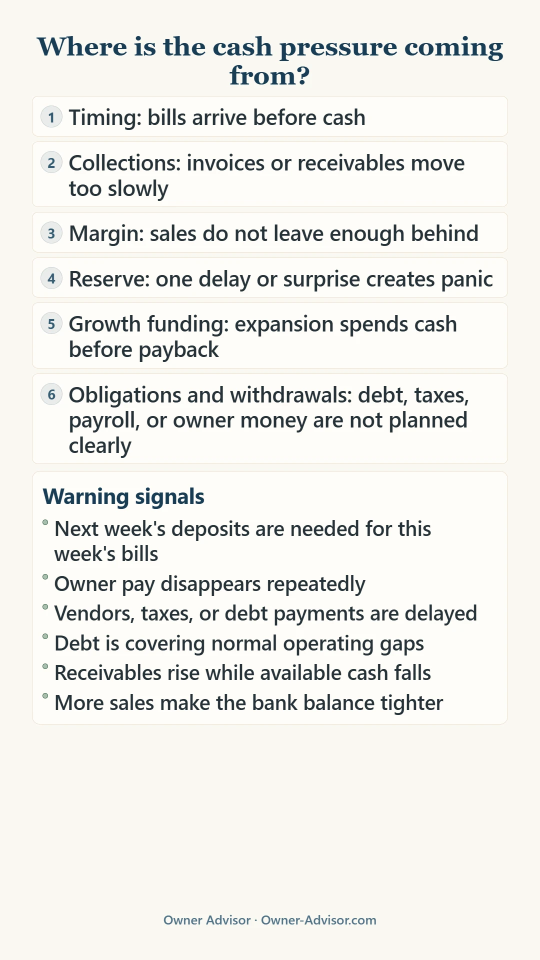 Cash-flow diagnostic showing six causes of cash pressure: timing gaps, slow collections, weak margin, thin reserve, growth funding, and committed obligations or withdrawals, with warning signs such as skipped owner pay and reliance on the next deposit.